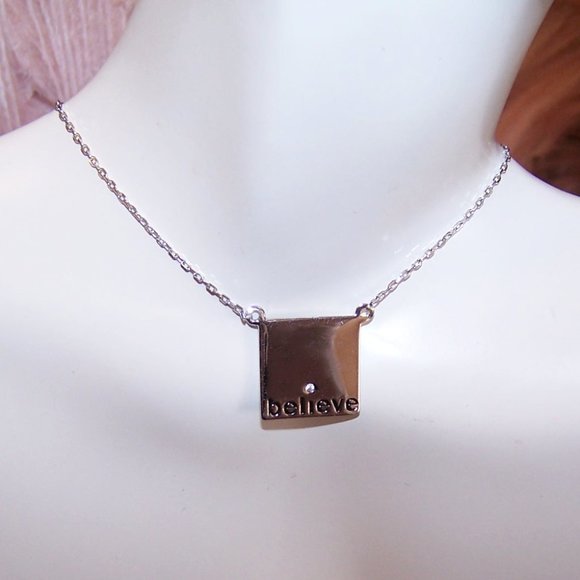Sterling Silver Cubic Zirconia CZ Affirmation Pendant Necklace - BELIEVE - Picture 1 of 6
